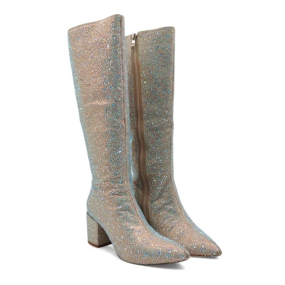 Wetkiss Women's Size 7 Iridescent Crystal Rhinestone Chunky Heel Knee High Boots - Picture 7 of 16